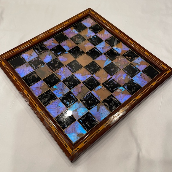 Vintage Chess Checker Board Rare Butterfly Wing Artwork Real inlaid wood BRAZIL - Picture 16 of 16
